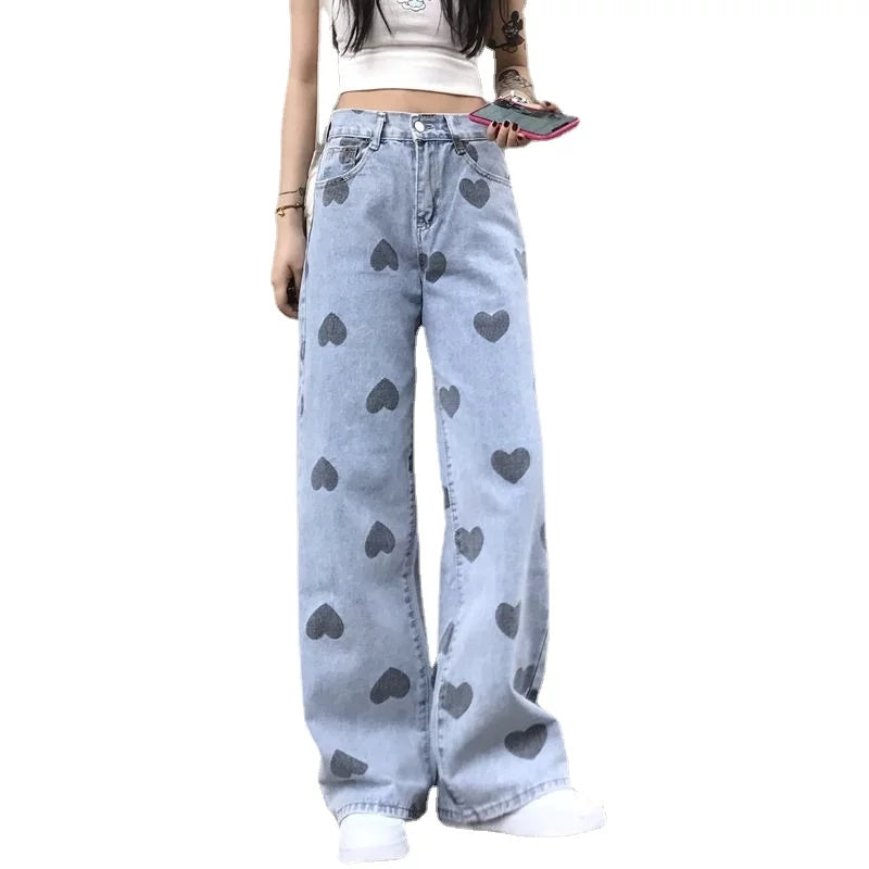 Cute Heart Denim Blue Loose High Waisted Straight Leg Flare Jeans Pants Aesthetic Casual Summer E-Girl Kawaii Korean Japanese Harajuku