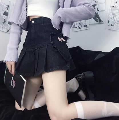 Cute Black Heart Bow Pocket Denim Mini Skirt High Waisted Pleated Aesthetic Goth Casual Summer E-Girl Kawaii Korean Japanese Harajuku