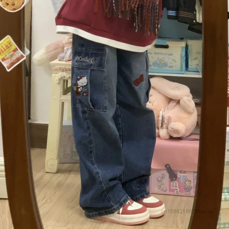 Kitty Cat Embroidery Wide Leg Denim Trousers