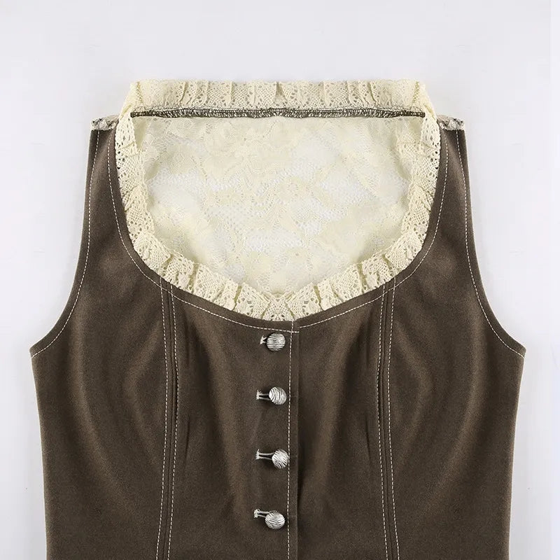 Brown Button Up Lace Patchwork Sleeveless Vest Shirt