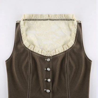 Brown Button Up Lace Patchwork Sleeveless Vest Shirt
