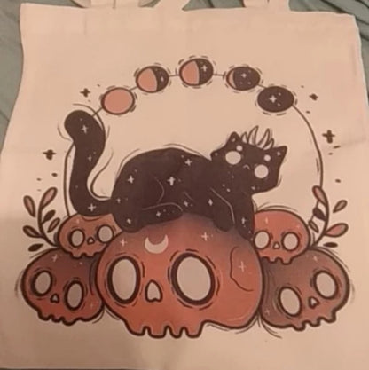 Cute Cat Skull Print Reusable Shopping Bag Canvas Tote Shoulder Bag Aesthetic Casual E-Girl Kawaii Korean Japanese Harajuku