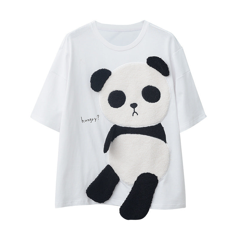 Cute Panda Bear Fleece Hungry Casual Summer Oversized Short Sleeve Tee Shirt T-shirt Top E-Girl Kawaii Korean Japanese Harajuku Streetwear
