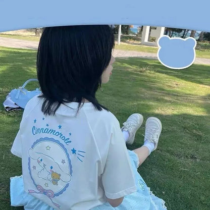 Cute Blue Japanese Anime Cartoon Graphic Print Loose Short Sleeve T-shirt