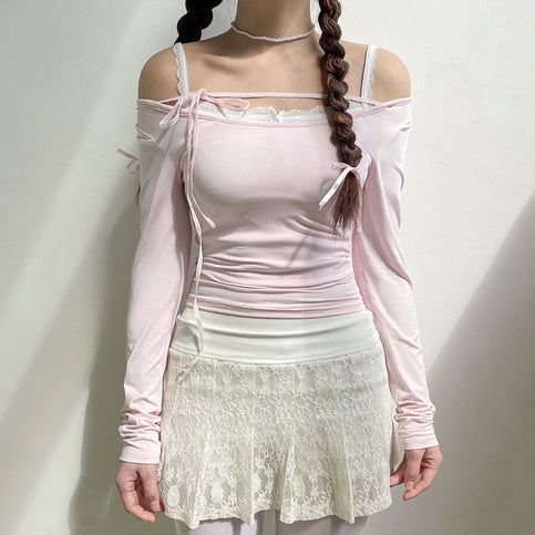 Sweet Lace Up Slash Neck Long Sleeve Shirt