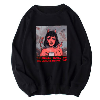 Cute Angel Demon Girl Print Sweater Pullover Hoodie Long Sleeve Top Shirt Sweatshirt E-Girl Kawaii Korean Japanese Harajuku Retro Streetwear Aesthetic