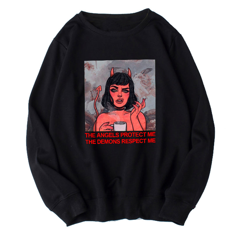 Cute Angel Demon Girl Print Sweater Pullover Hoodie Long Sleeve Top Shirt Sweatshirt E-Girl Kawaii Korean Japanese Harajuku Retro Streetwear Aesthetic