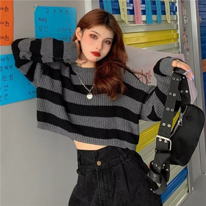 Black & Grey Striped Cropped Long Sleeve Sweater
