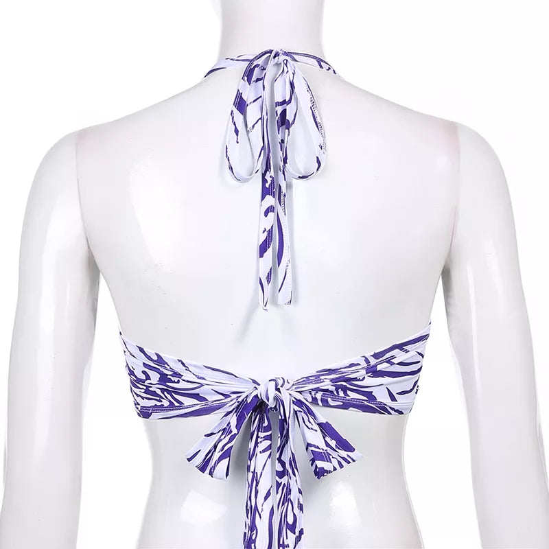 Cute Sexy Tie Dye V-Neck Lace Up Halter Backless Beach Crop Top Summer Aesthetic Casual E-Girl Kawaii Korean Japanese Harajuku