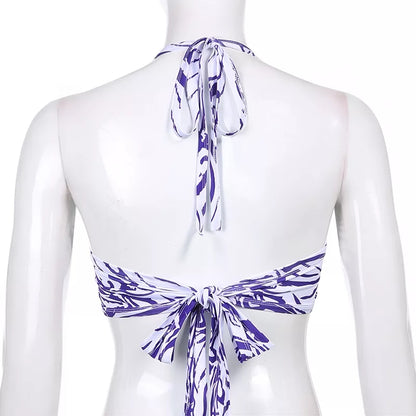 Cute Sexy Tie Dye V-Neck Lace Up Halter Backless Beach Crop Top Summer Aesthetic Casual E-Girl Kawaii Korean Japanese Harajuku