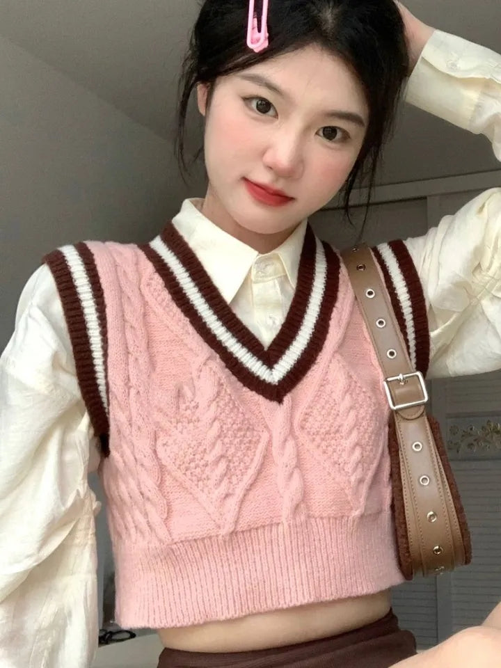 Pink Cable Knit V Neck Sweater Vest