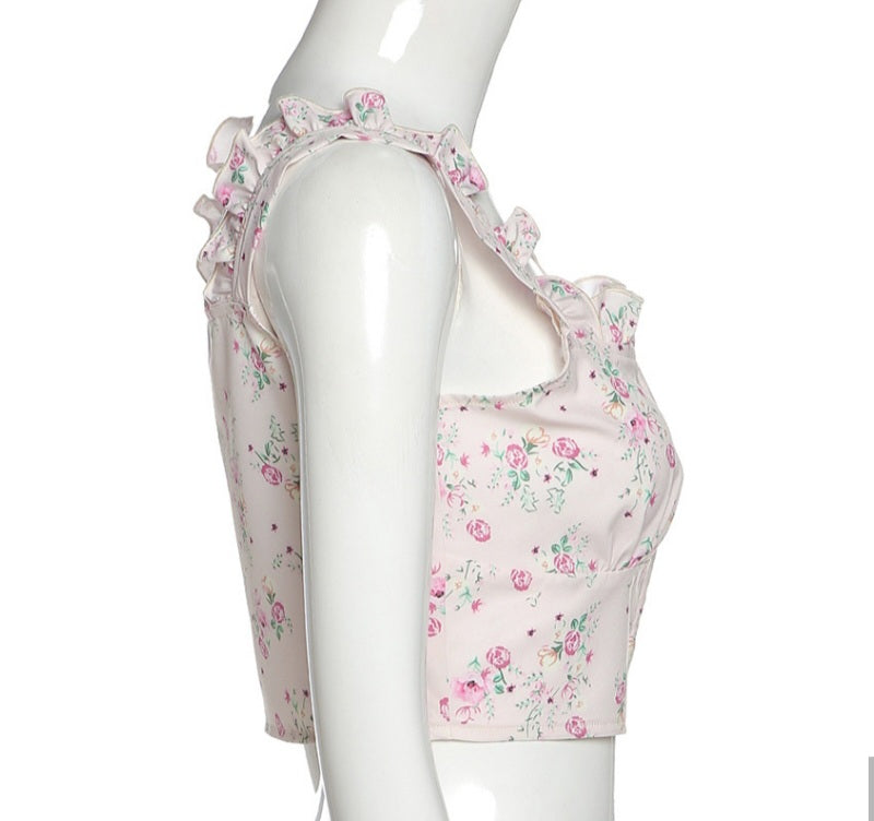 Floral Print Ruffle Button Up Bustier Crop Top