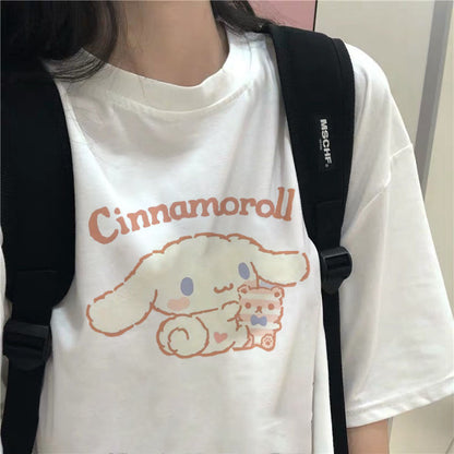 Cute Anime Cartoon Print Loose Oversize Short Sleeve Short T-shirt Top Causal Summer E-Girl Kawaii Korean Japanese Harajuku Streetwear