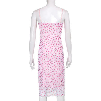 Cute Sexy Pink Floral Long Boho Dress Sleeveless V Neck Lace Trim Bodycon Party Club Beach Summer Vintage Casual E-girl Kawaii Korean