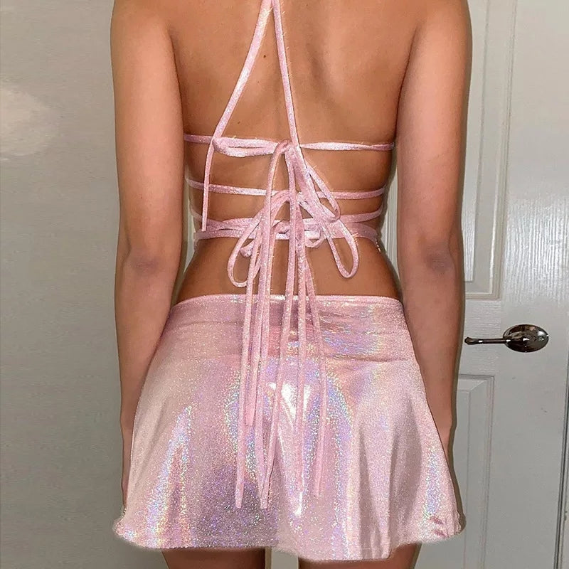 Cute 2pc Set Pink Glitter Fairy Crop Top + Mini Skirt Sexy Club Party Rave Summer Aesthetic Casual E-Girl Kawaii Korean Japanese Harajuku
