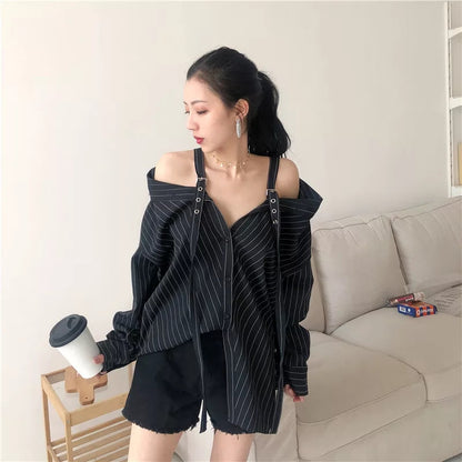 Cute Black Vertical Stripe Buckle Off Shoulder Long Sleeve Shirt Blouse Aesthetic Casual E-Girl Kawaii Korean Japanese Harajuku