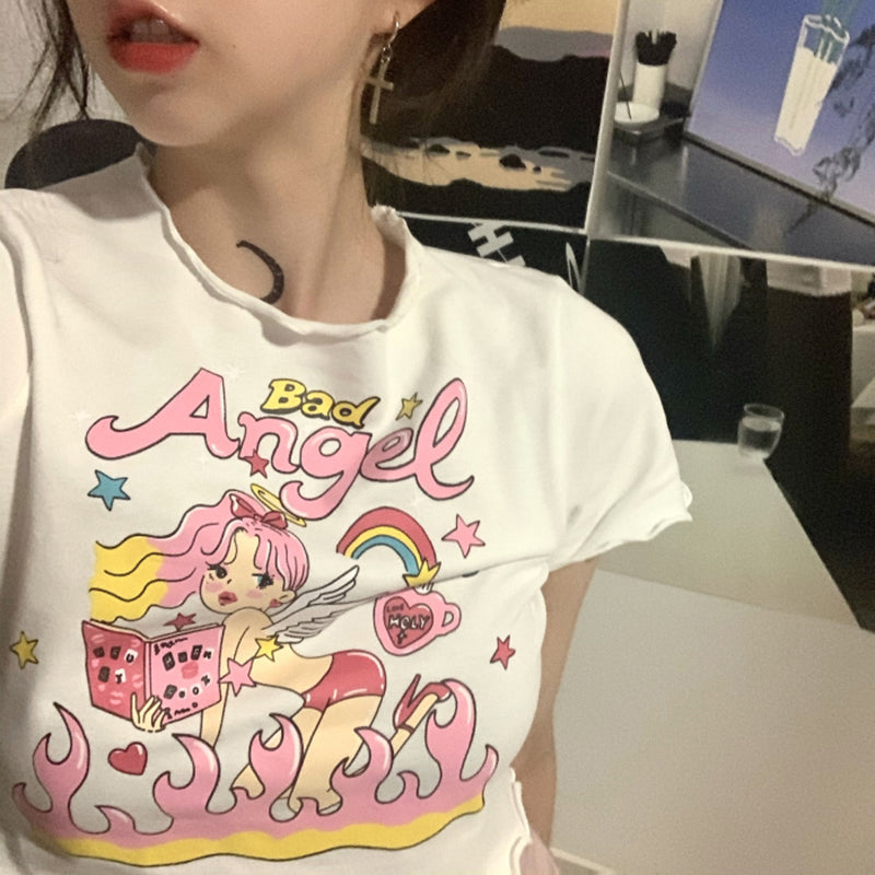 Angel Print Ruffle Short Sleeve T-shirt