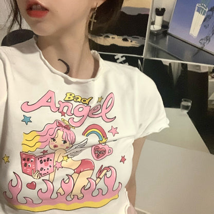 Angel Print Ruffle Short Sleeve T-shirt