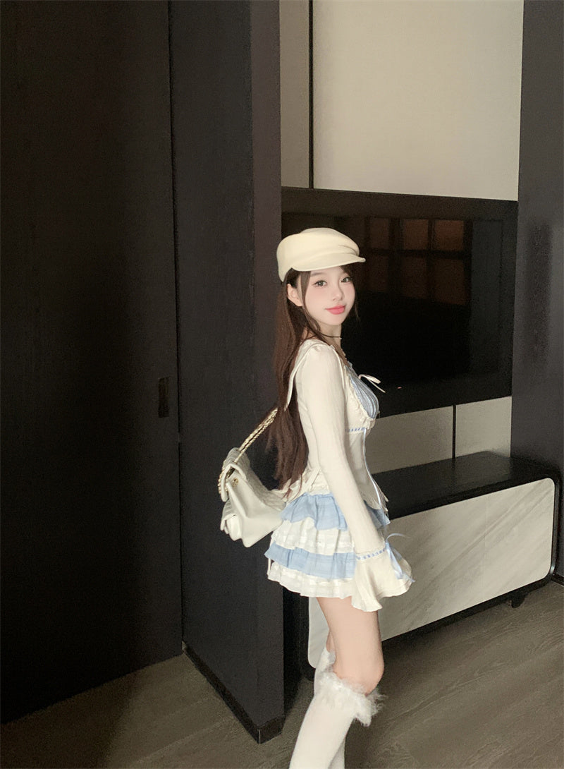 2PCS Blue Japanese Blouse + Vintage Mini Skirt