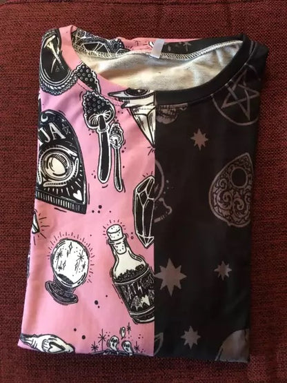 Skull Magic Witch Cartoon Print Patchwork Loose Sweater Sweatshirt Long Sleeve Pullover Goth Punk E-Girl Kawaii Korean Japanese Harajuku Streetwear