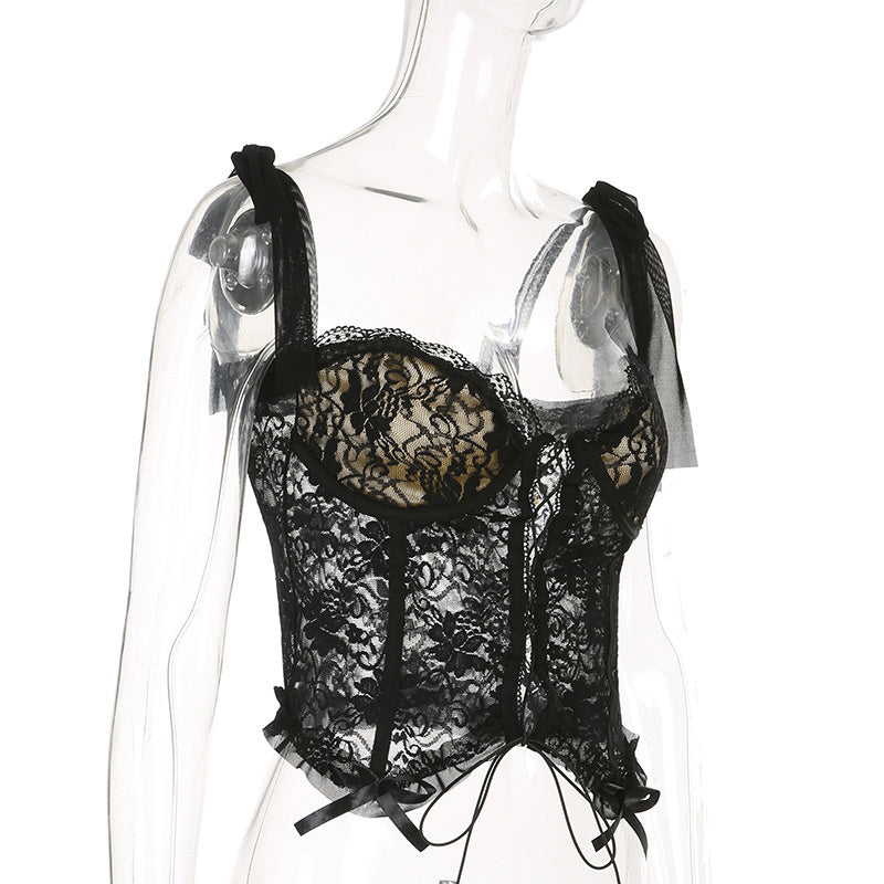 Black Lace Sheer Bow Tie Corset Top