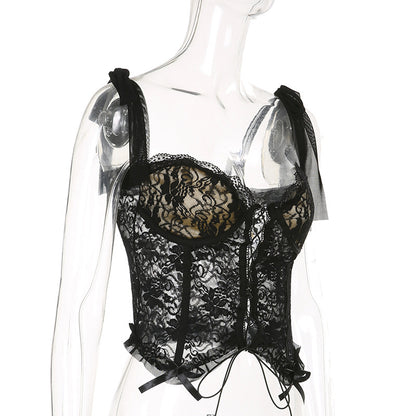 Black Lace Sheer Bow Tie Corset Top
