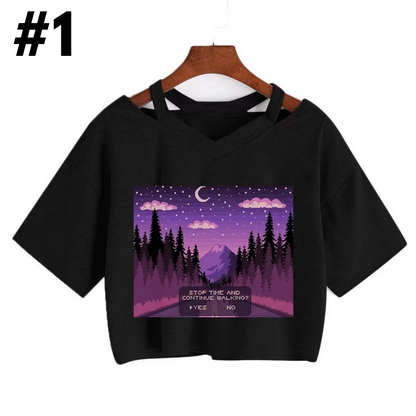 Cute Vintage Mountain Road Moon Night Sky Print Crop Top Short Sleeve Shirt Aesthetic Casual E-Girl Kawaii Korean Japanese Harajuku