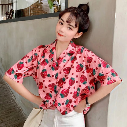 Cute Pink Strawberry Print Button Down Short Sleeve Shirt Blouse Aesthetic Casual Summer E-Girl Kawaii Korean Japanese Harajuku