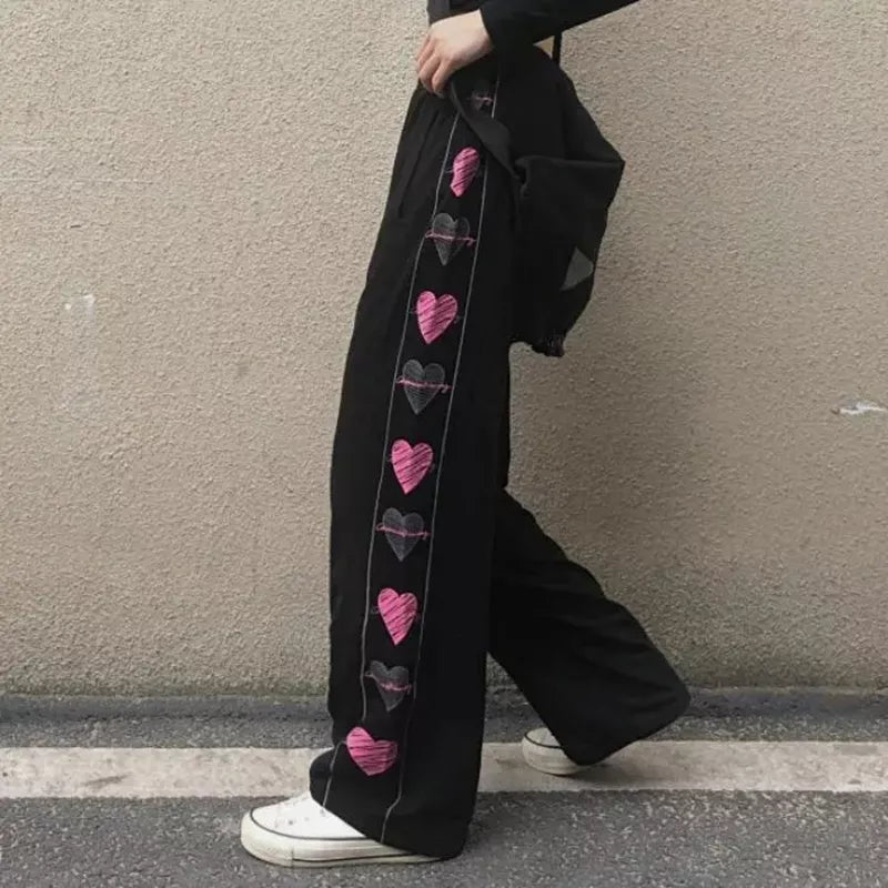 Black Heart Print Wide Leg Trousers