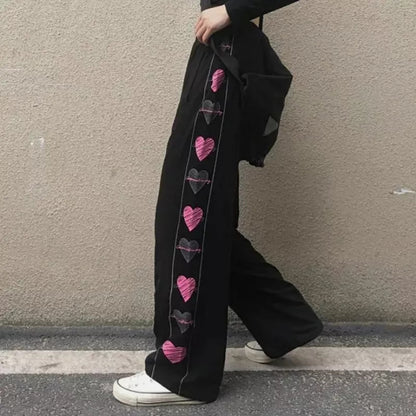 Black Heart Print Wide Leg Trousers