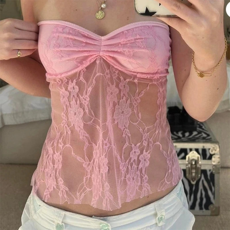 Pink Fairy Floral Lace Tube Top