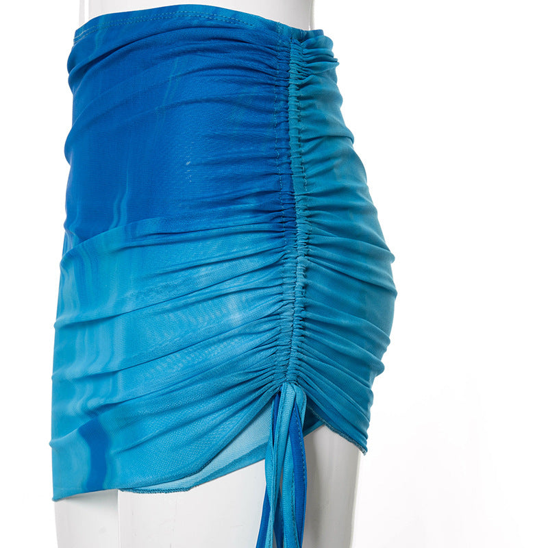 2PCS Tie Dye V Neck Mesh Top + Mini Skirt