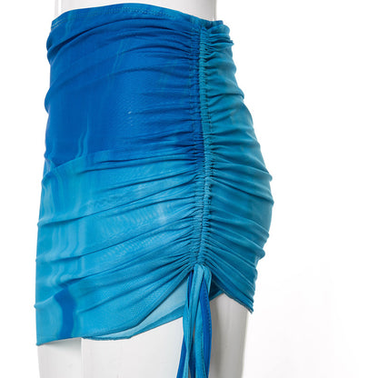 2PCS Tie Dye V Neck Mesh Top + Mini Skirt