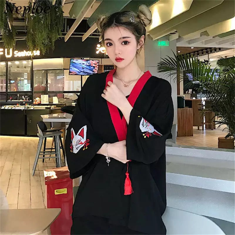 Fox Mask Anime Tassel Blouse Kimono Cardigan Cartoon Print Loose Blouse Long Sleeve Shirt Top E-Girl Kawaii Korean Japanese Harajuku Streetwear
