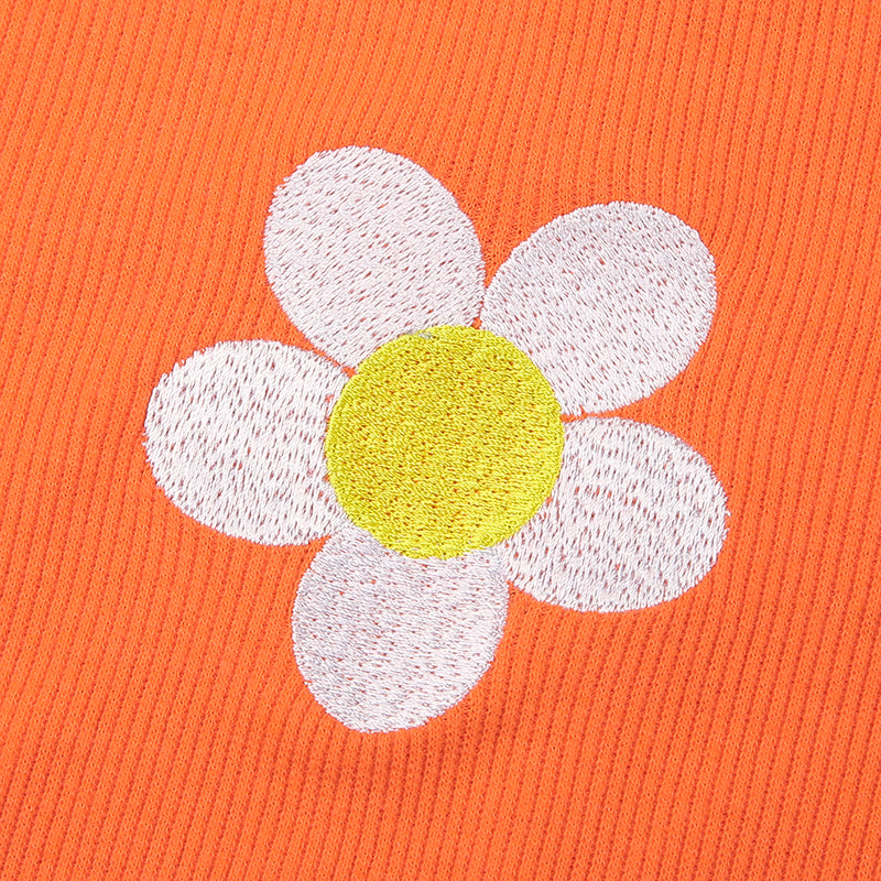 Cute Orange Flower Embroidery Sexy Crop Top Long Sleeve Shirt Tee T-shirt Autumn Casual E-Girl Kawaii Korean Japanese Harajuku Streetwear