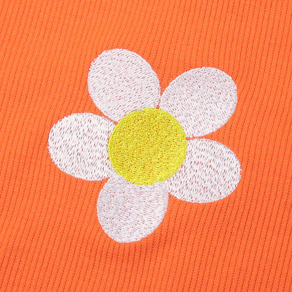 Cute Orange Flower Embroidery Sexy Crop Top Long Sleeve Shirt Tee T-shirt Autumn Casual E-Girl Kawaii Korean Japanese Harajuku Streetwear