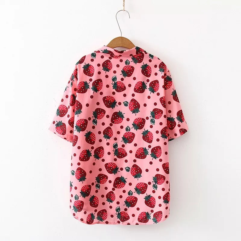 Cute Pink Strawberry Print Button Down Short Sleeve Shirt Blouse Aesthetic Casual Summer E-Girl Kawaii Korean Japanese Harajuku