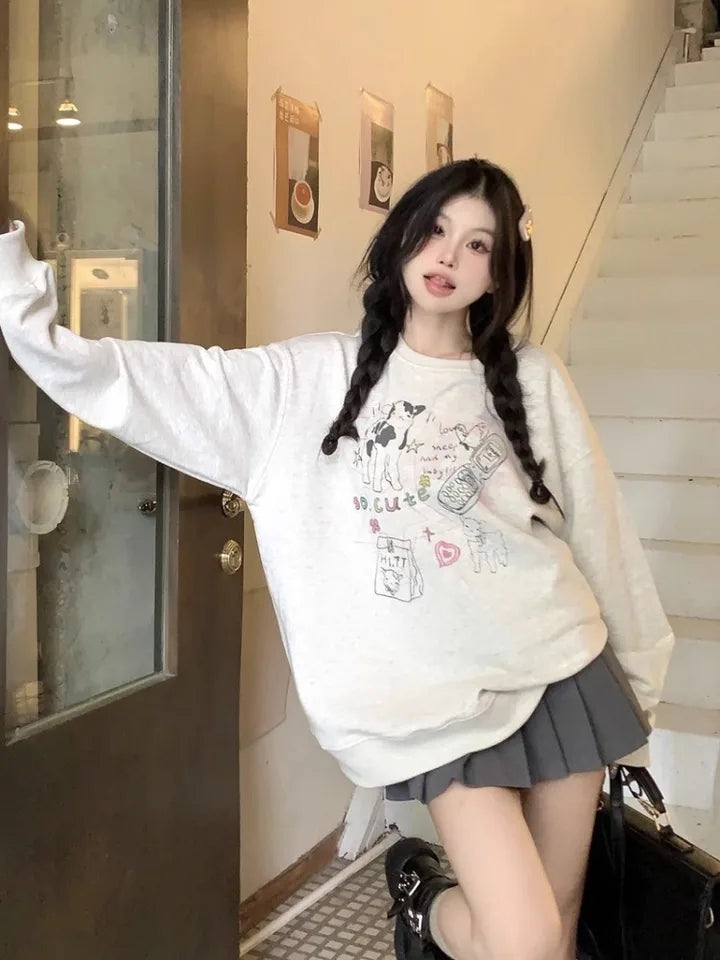 Grey Animal Fleece Crew Neck Sweater