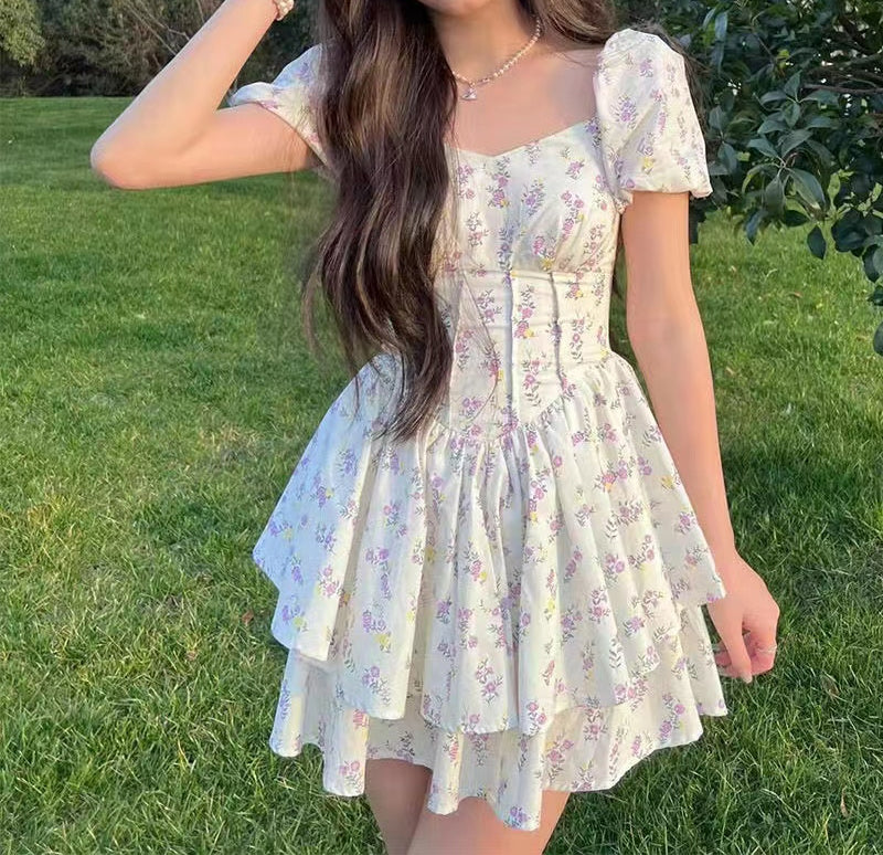 Floral Print Square Neck Puff Sleeve Dress