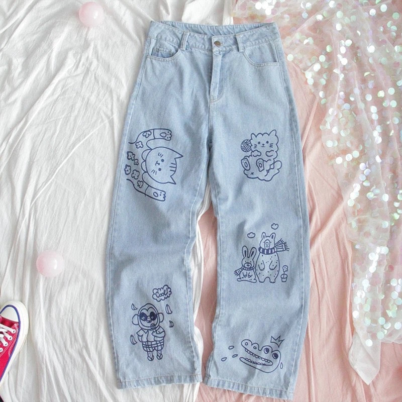 Cat Animal Cartoon Print Loose High Waisted Straight Demin Jeans Trousers Female Pants E-Girl Kawaii Korean Japanese Harajuku Streetwear