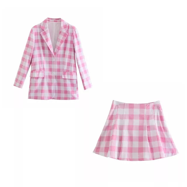 Cute 2pcs Set Vinatge Pink Plaid Blazer + High Waist Mini Skirt Suit Summer Aesthetic Casual E-Girl Kawaii Korean Japanese Harajuku