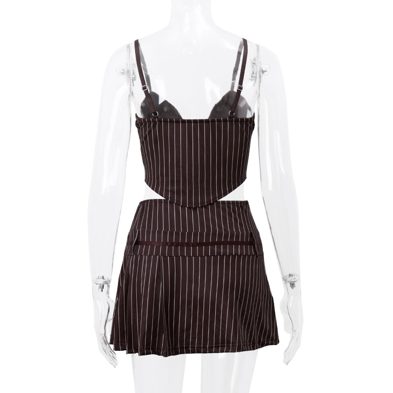 2PCS Vertical Stripe Print Spaghetti Strap Top + Skirt