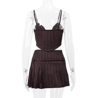 2PCS Vertical Stripe Print Spaghetti Strap Top + Skirt