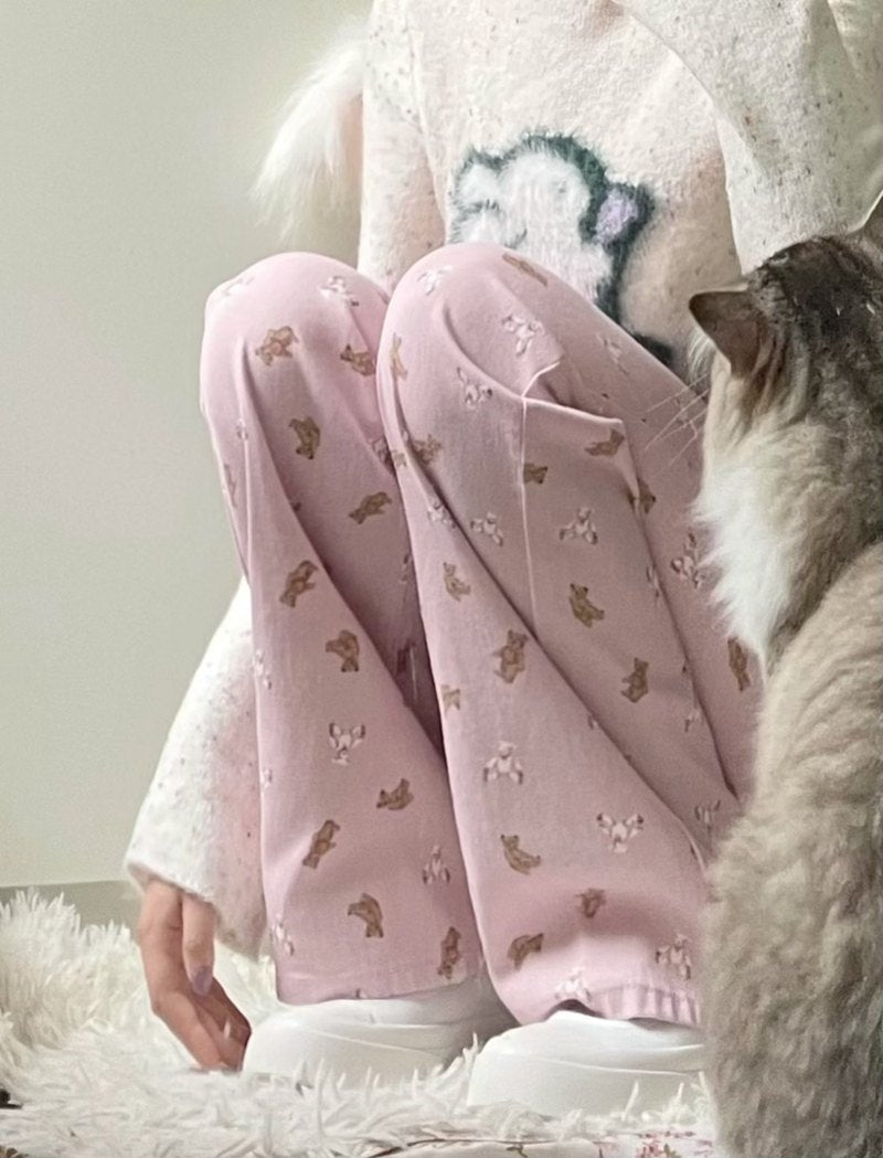 Pink Teddy Bear Print Straight Leg Pants