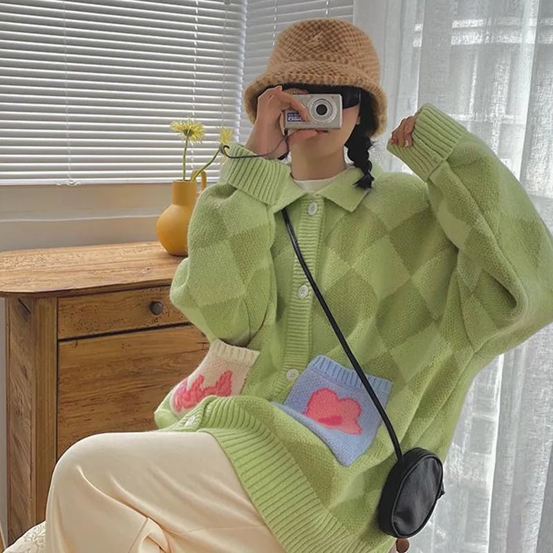 Colorful Checkered Oversized Cardigan Sweater