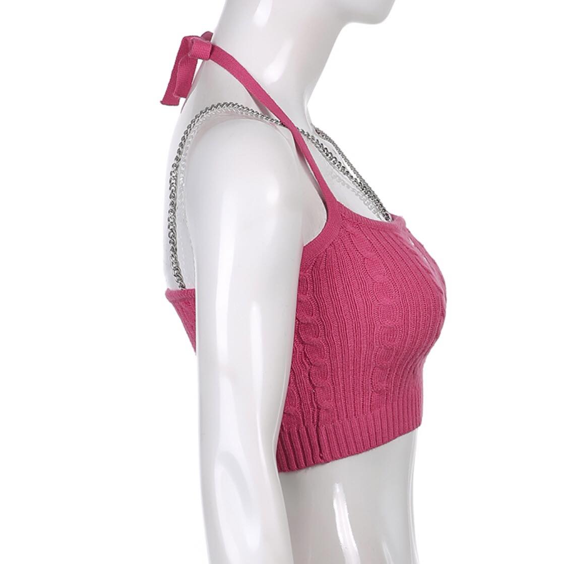 90s Pink Chain Knit Halter Crop Top Backless Tank Sleeveless Shirt Summer Aesthetic Casual E-Girl Kawaii Korean Japanese Harajuku