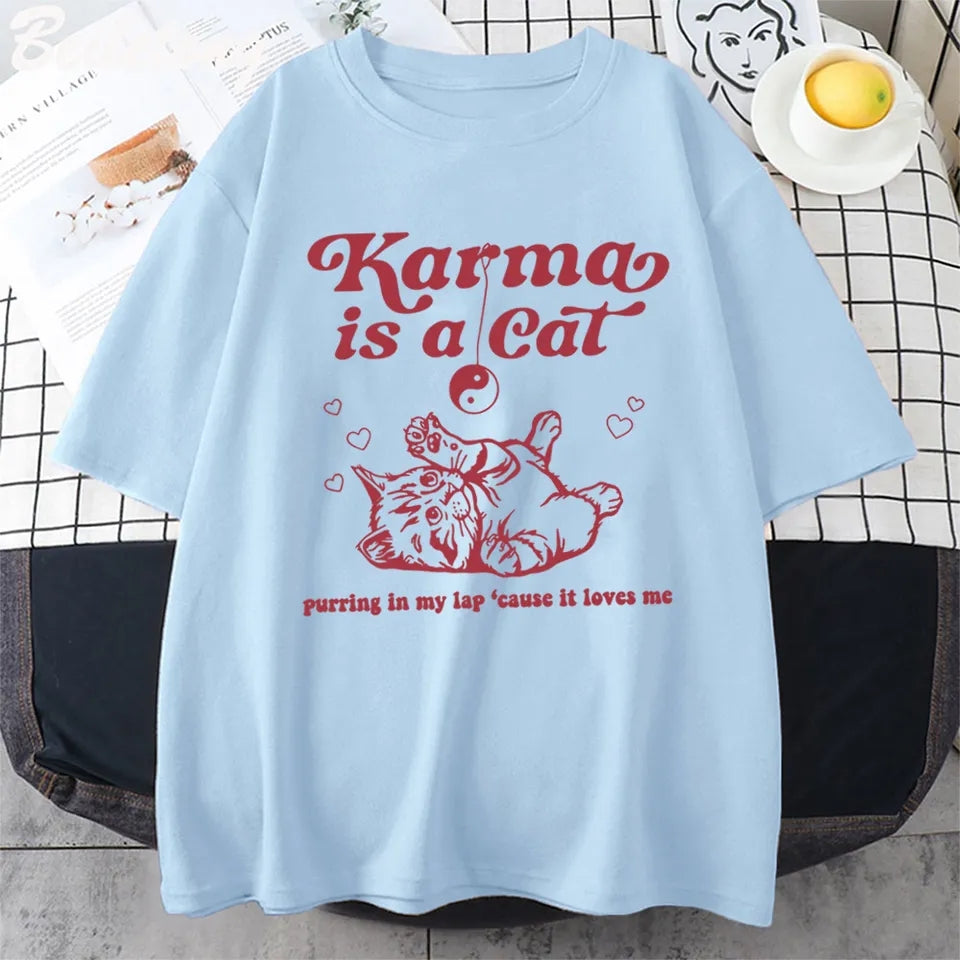 Karma Cat Print Short Sleeve T-shirt