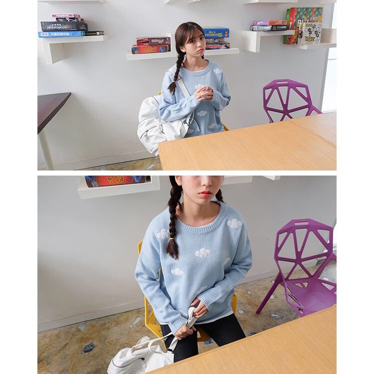 Cute Pastel Cloud Winter Autumn Loose Oversized Casual Knit Sweater Sweatshirt Pullover Jumper Shirt E-Girl Kawaii Korean Japanese Harajuku Streetwear