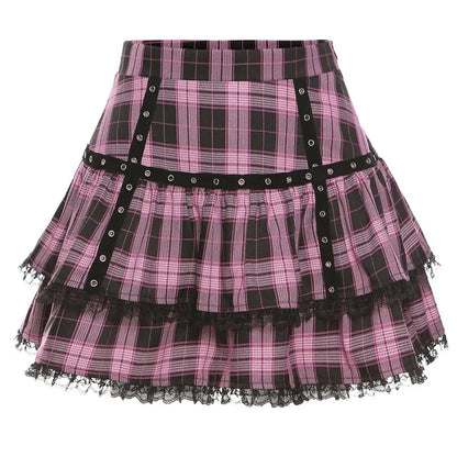 Pink Plaid Pleated Lace Mini Skirt