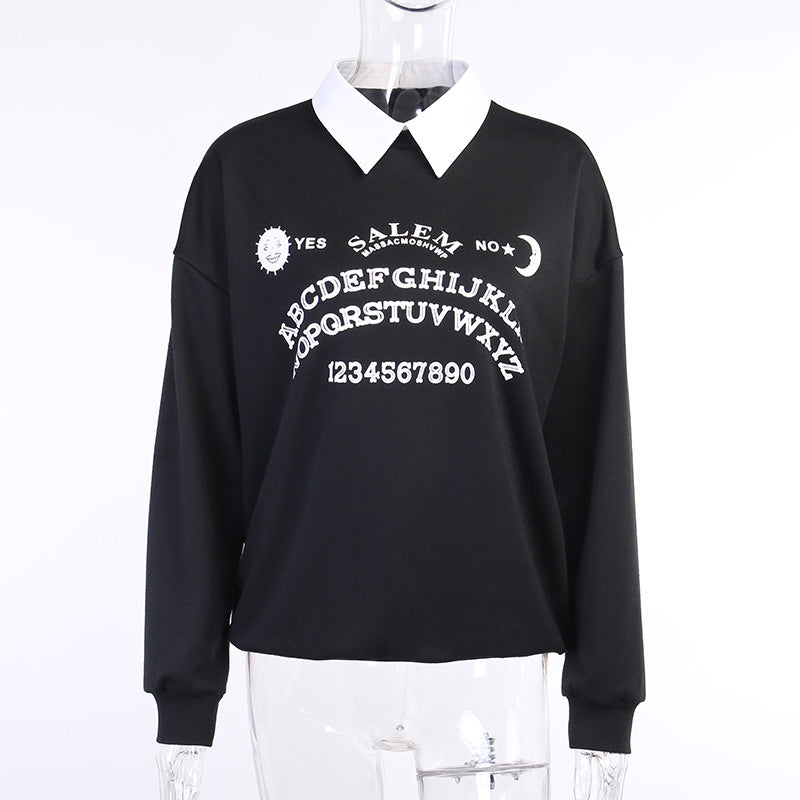 Black Ouija Board Magic Witch Oversized Sweatshirt Sweater Long Sleeve Pullover Jumper Goth Casual E-Girl Kawaii Korean Japanese Harajuku Streetwear